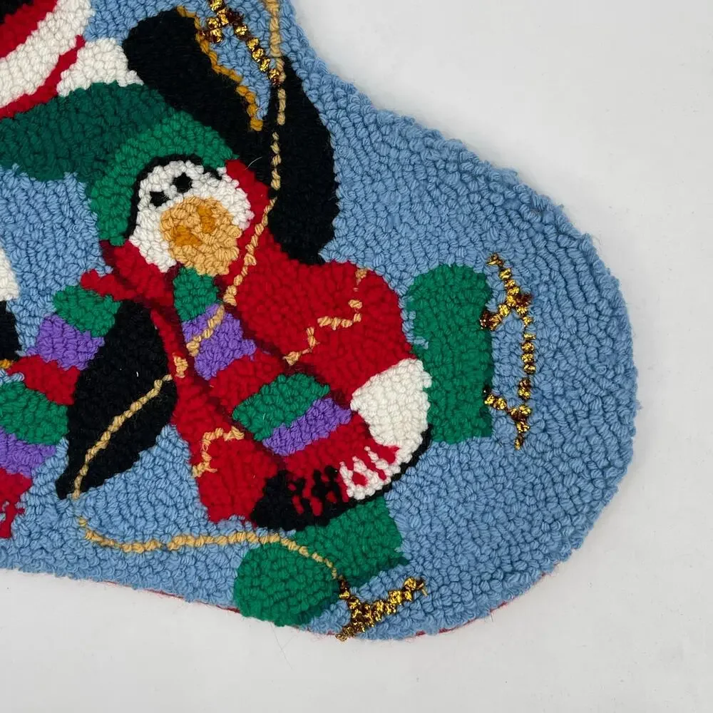 VINTAGE Christmas Stocking Wool Acrylic Carson Pirie Santa Penguins Needlepoint